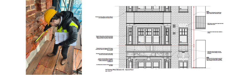 surveying west elevation and drawing detail