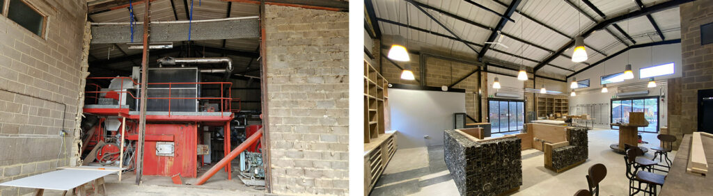 Inside the old biomass building at West Dean Gardens before and during its transformation